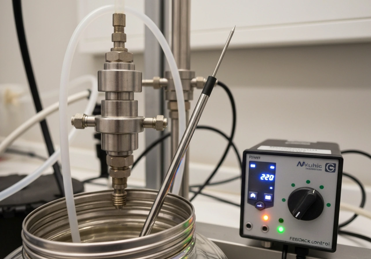 Close-up of a bioreactor DO probe with a nearby control module showing oxygen setpoint indicators.