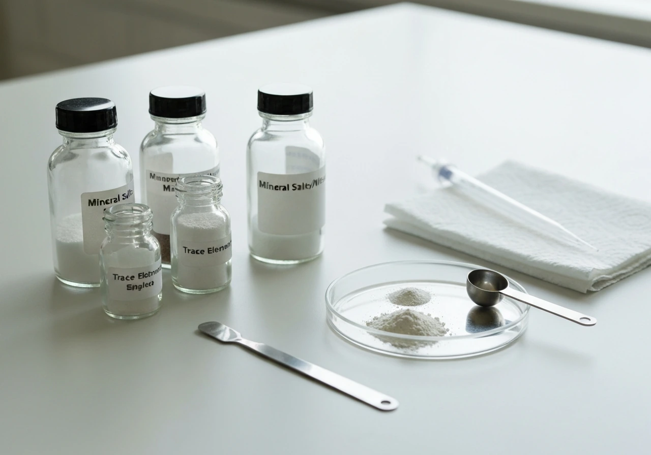 Unlabeled lab bottles and measuring tools on a bench with pale growth-medium powders.