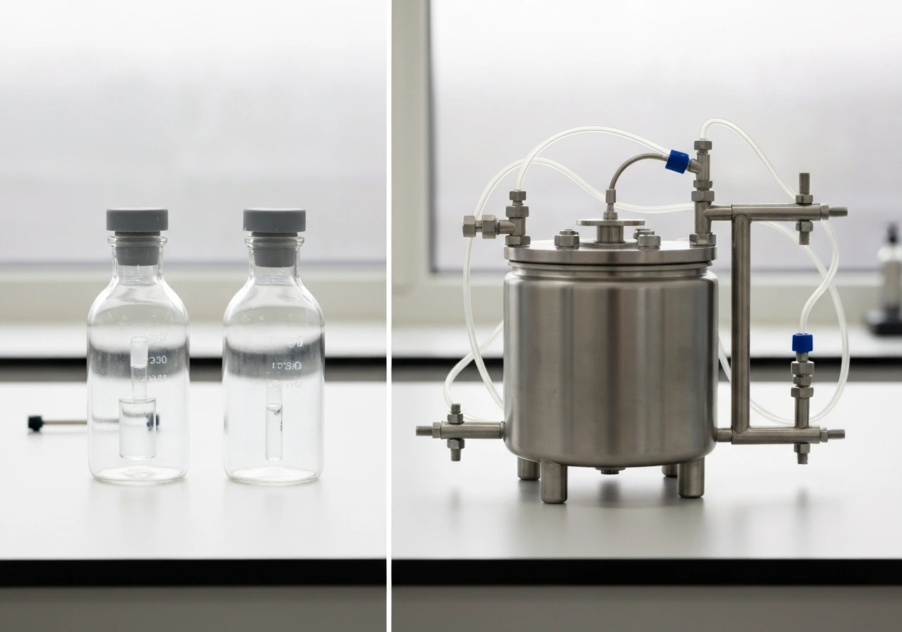 Two lab vessel setups side by side: serum bottles on the left and a stirred-tank bioreactor on the right.