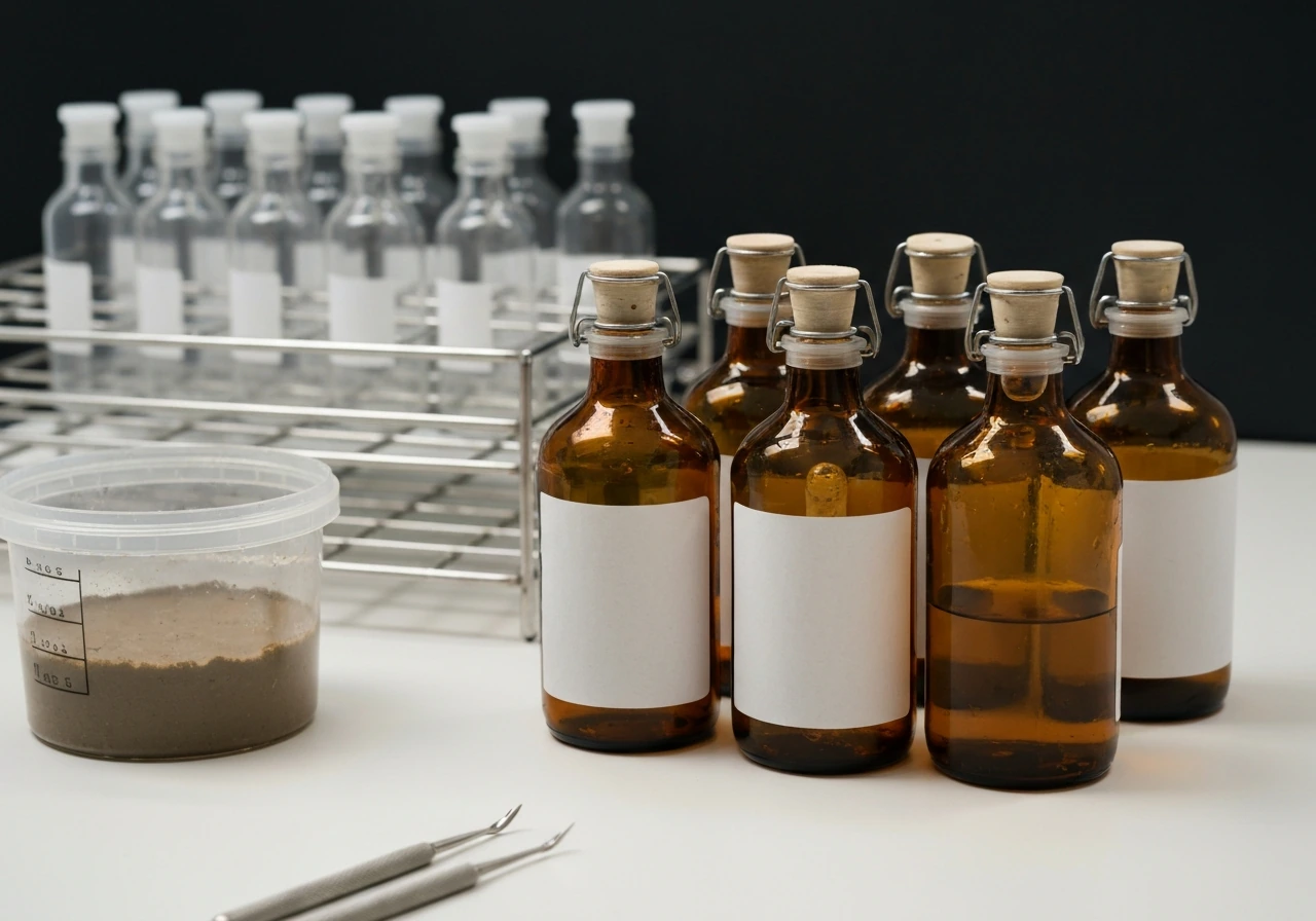 Amber serum bottles with crimp seals on an incubation rack beside a small soil sample container.
