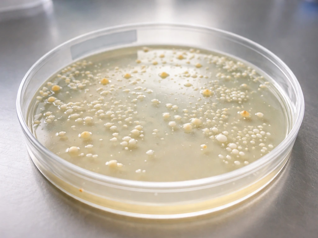 Close-up of agar plate showing distinct bacterial colonies as dots and patches under soft light.