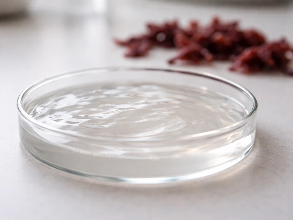 Translucent agar gel in a shallow dish with a subtle red algae backdrop under bright natural light.