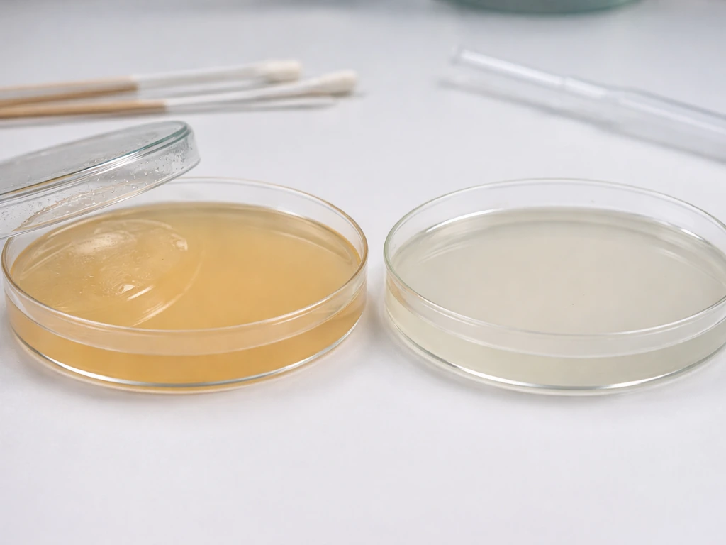 Close-up of two lab agar plates side by side, nutrient agar shows richer color than plain agar.
