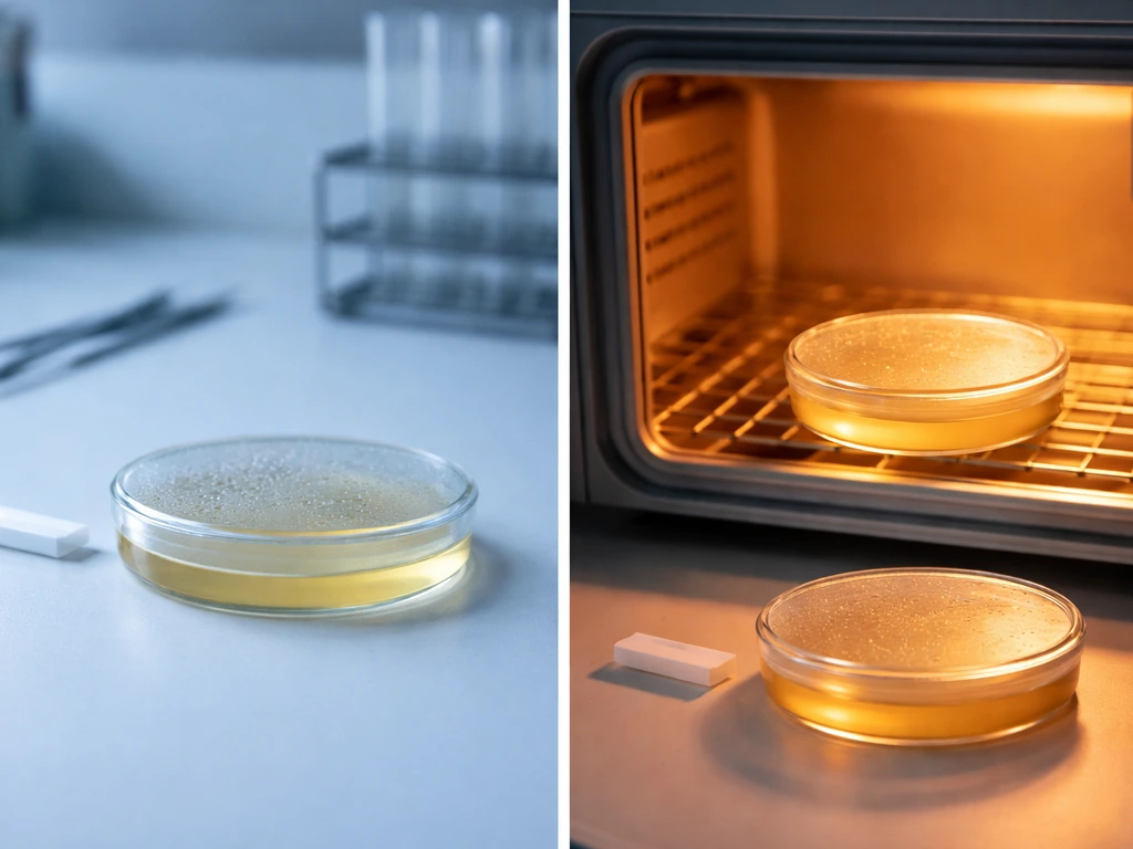 Two agar plates incubating at different temperatures on lab bench and incubator shelf.