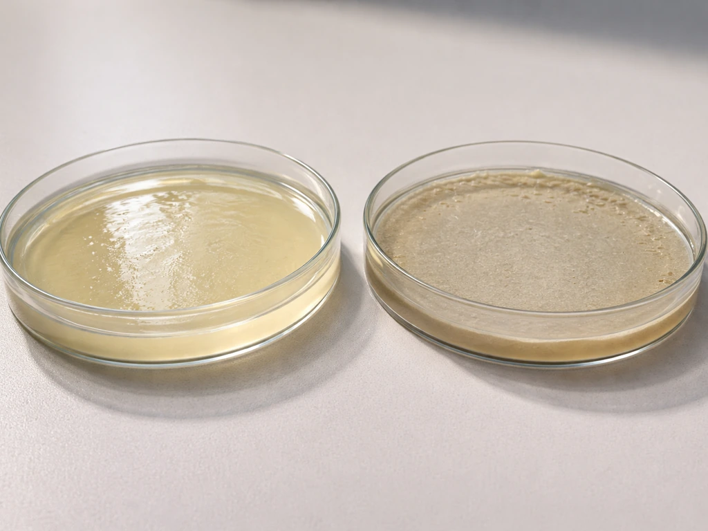 Two agar plates side by side showing fresh glistening vs dried agar with faint microbial growth differences.