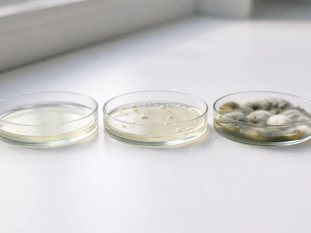 Three petri dishes showing no growth, sparse colonies, and fuzzy mold contamination on agar.