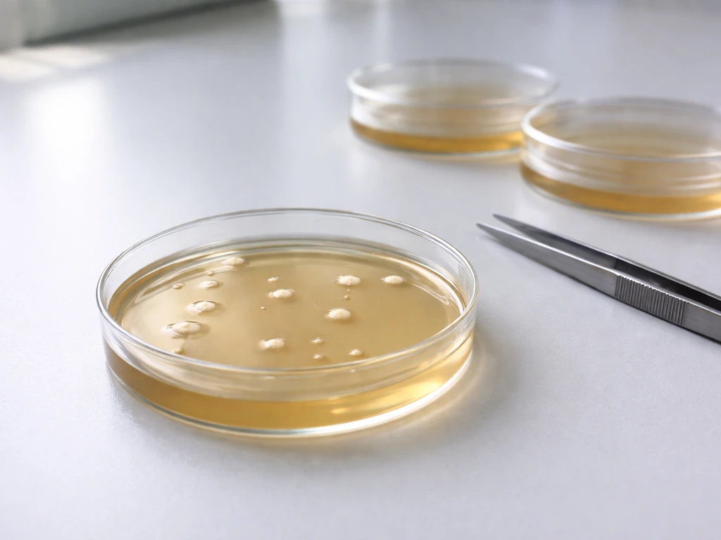 Close-up of an agar petri dish with small bacterial colonies on a lab bench.