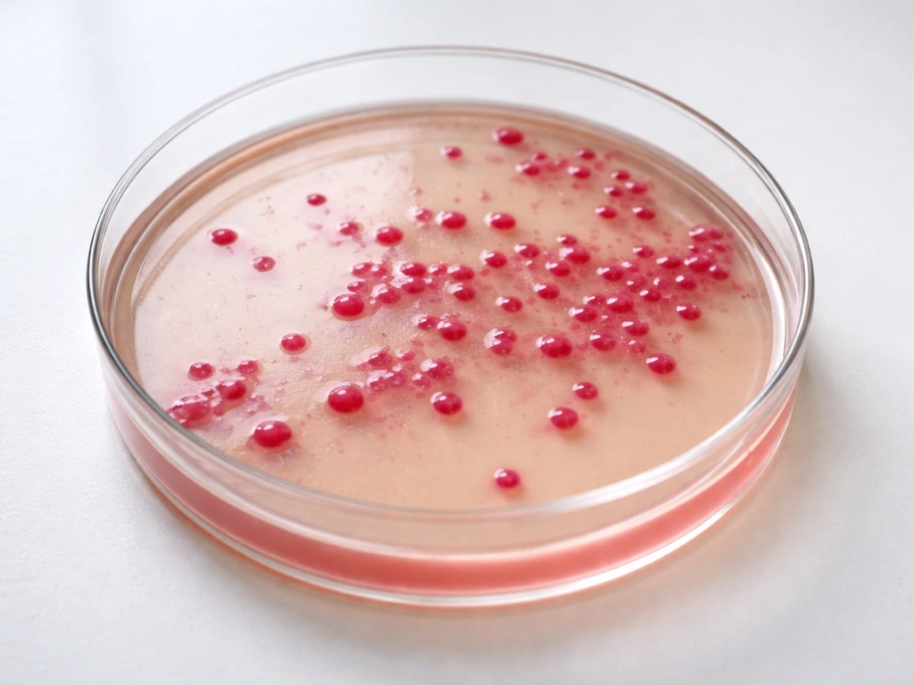 Close-up of a MacConkey agar petri dish showing E. coli-like colonies with suppressed Gram-positive growth
