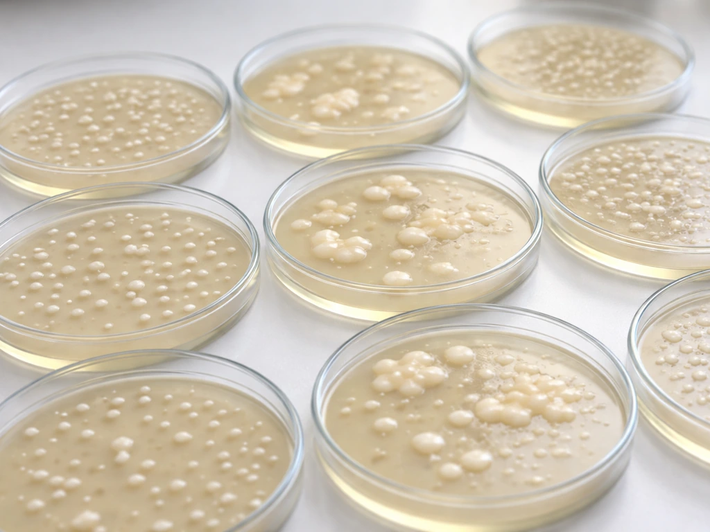 Close-up of several agar plates with distinct off-white and creamy E. coli colonies on an empty lab bench.