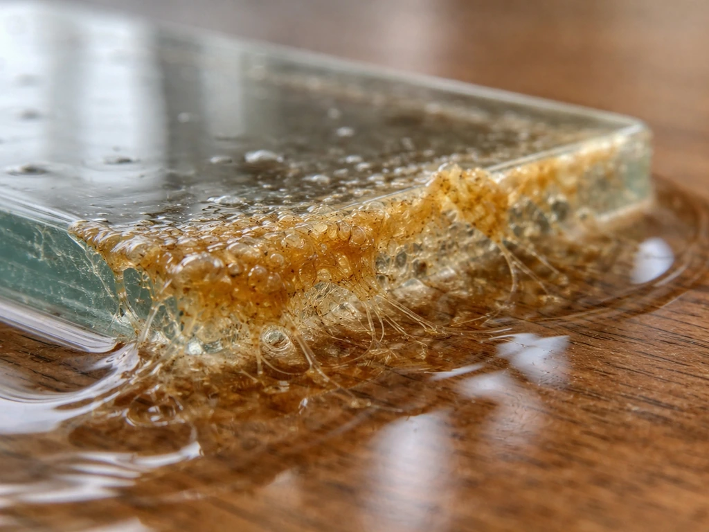 Macro close-up of moist biofilm starting to adhere and spread on a glass surface.