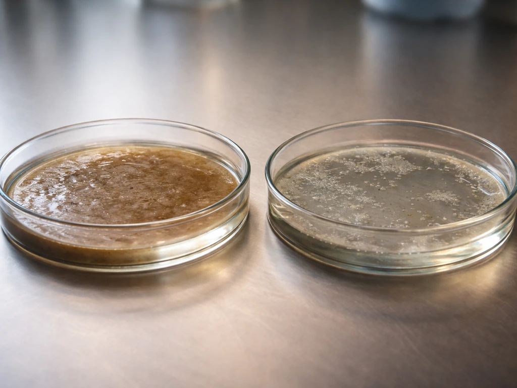 Two adjacent petri dishes show dense biofilm under oxygen and sparse growth under anaerobic conditions.