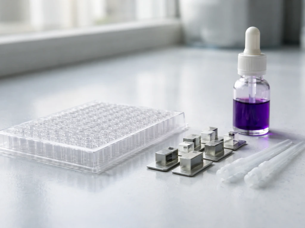 Lab bench with a microtiter biofilm assay setup, coupon holders, and staining materials ready to test mixtures.