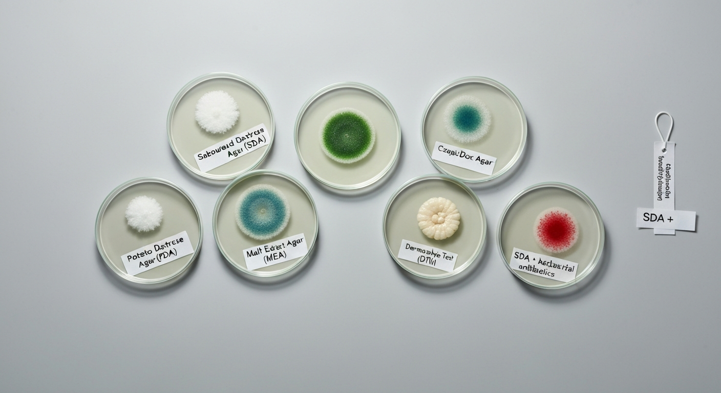 Top-down photorealistic image of labeled petri dishes on a lab bench, each showing different agar media with distinct fungal colonies.