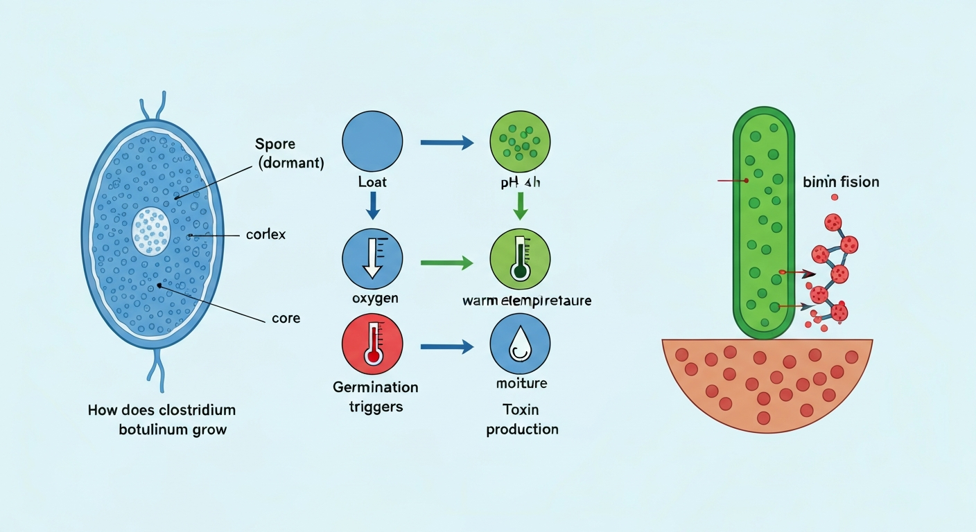 Vector infographic of C. botulinum life cycle: dormant spore, germination triggers (low oxygen, warm temperature, pH>4.6, moisture), vegetative cell dividing, and toxin release.