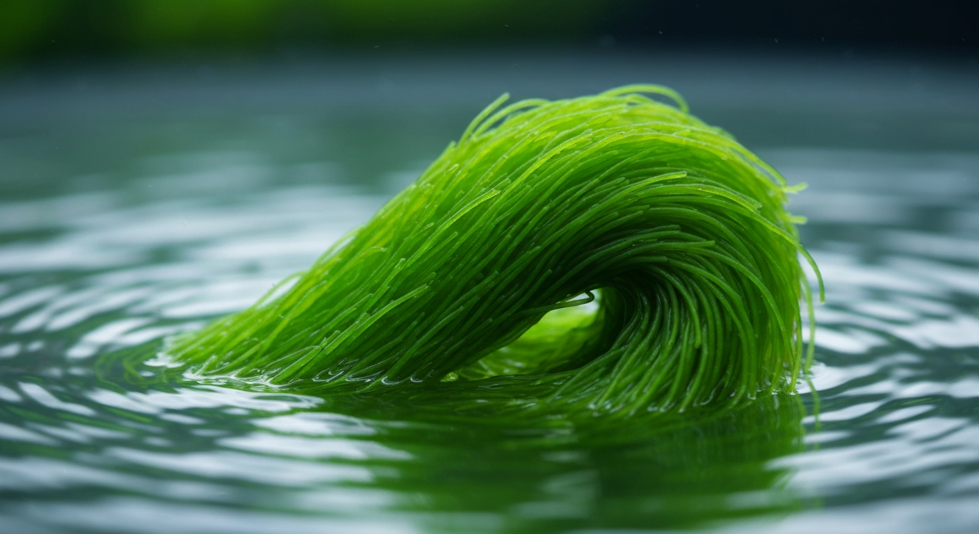 Close-up of bright green Chaetomorpha filaments forming a loose tumbling ball in a refugium.