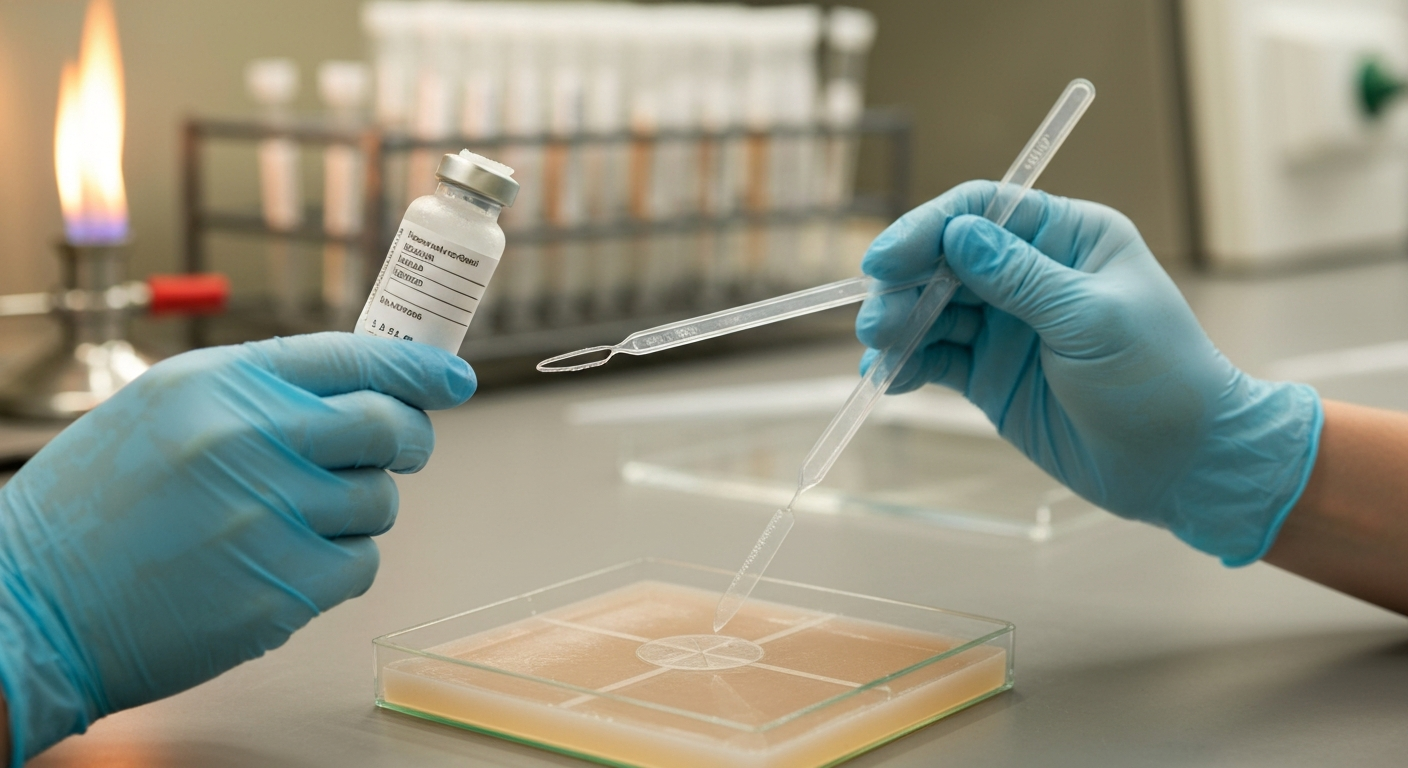 Close-up photo-style image of gloved hands scraping a frozen glycerol stock cryovial with a sterile loop and streaking an agar plate in a teaching lab; vial remains frosted and is returned to the freezer quickly.