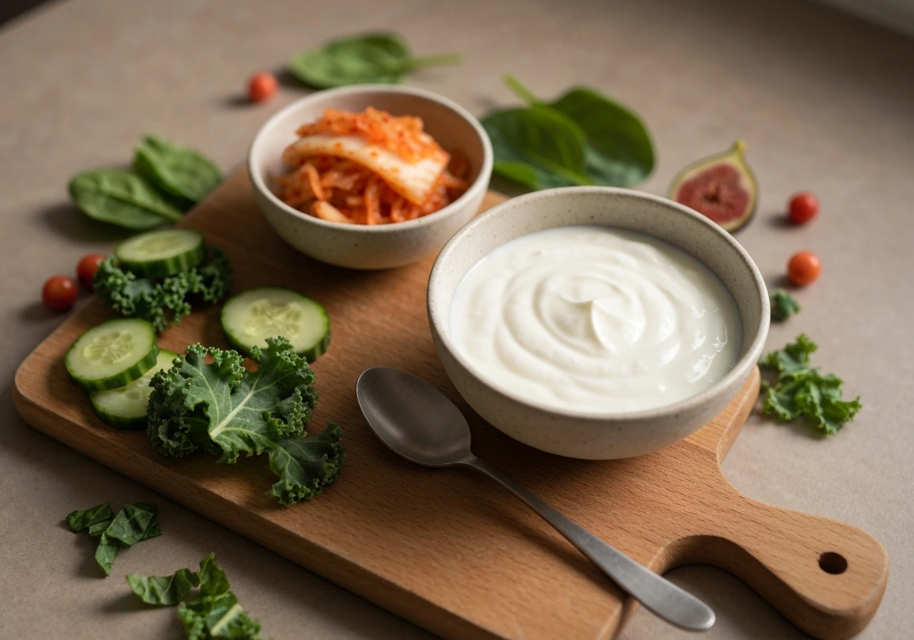Close-up still life of fiber-rich plants and fermented foods on a rustic board, suggesting gut health