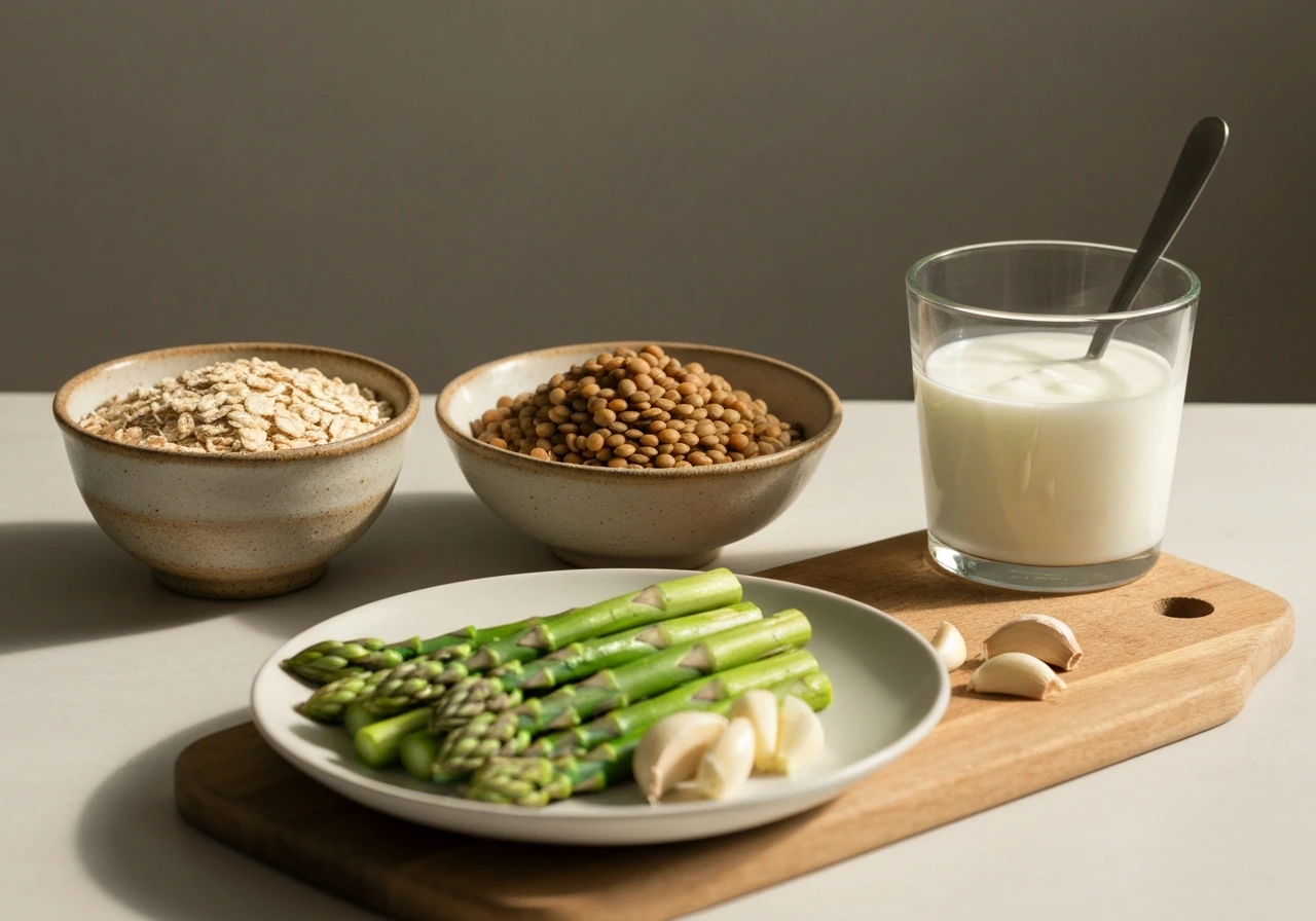 Minimal photo of bowls with oats, beans, lentils, asparagus, garlic, and a side of kefir for gut-friendly fiber.