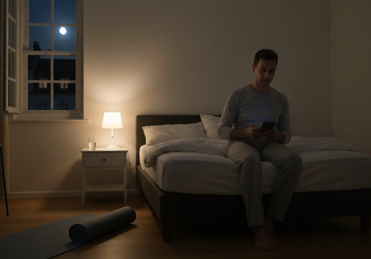 Anonymous person relaxing by bed at night with a dim lamp, water, and a yoga mat nearby.