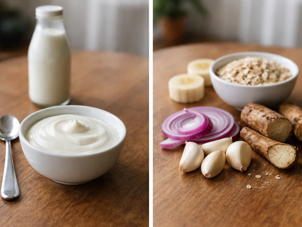 Minimal side-by-side photo: yogurt/kefir on one side and onion/garlic/oats/banana on the other.