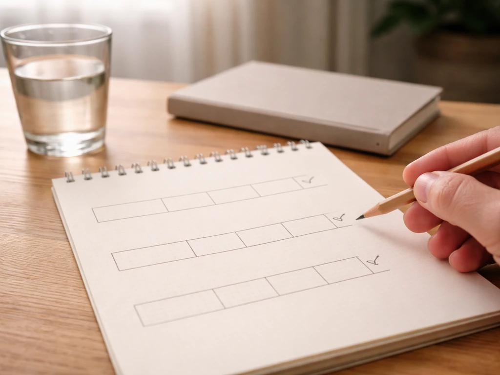 Close-up of a notepad on a desk with pencil checkmarks over blank timeline lines and a pencil nearby.