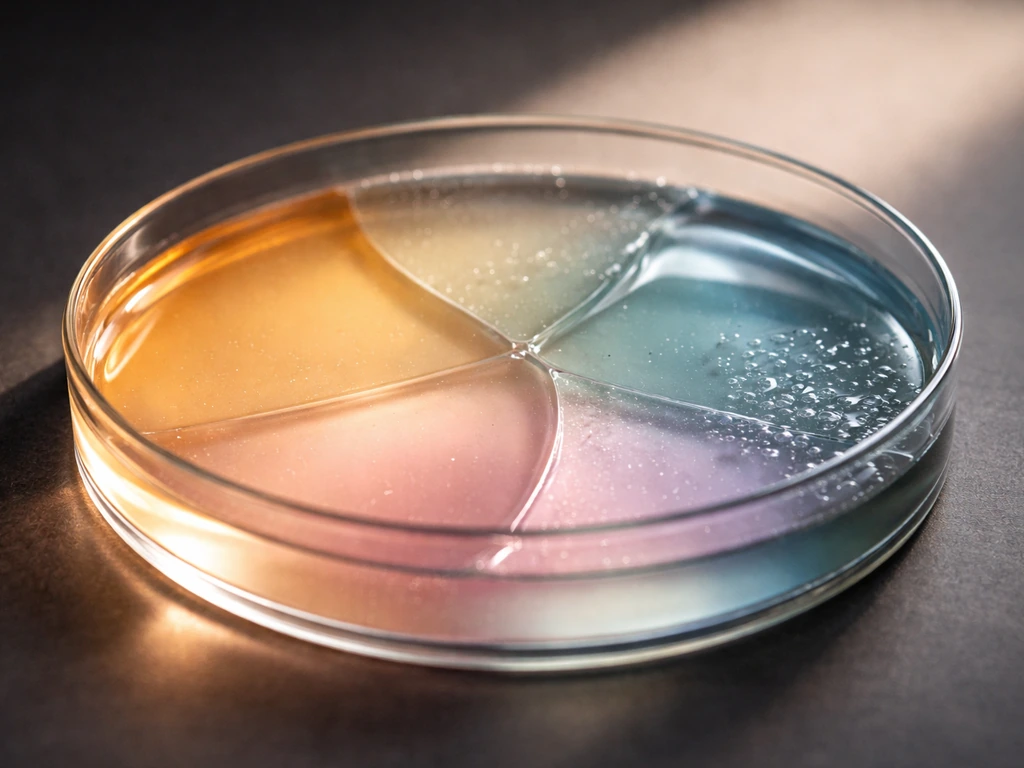 Macro view of a petri dish with colored sections suggesting nutrients, moisture, temperature, pH, and oxygen.