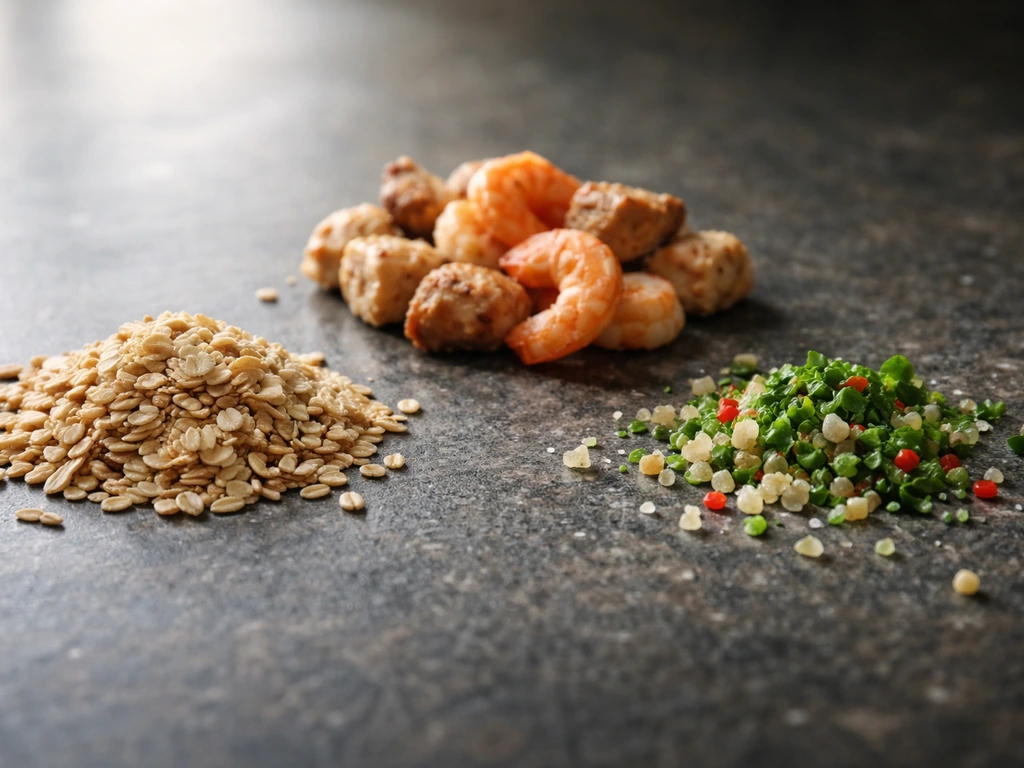 Close-up of grains, protein-like meat pieces, and colorful mineral-rich produce arranged to suggest bacterial nutrients