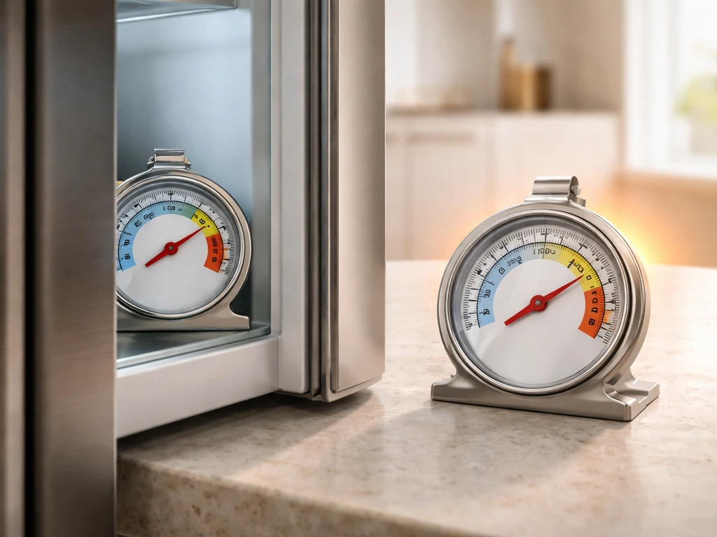 Two thermometers near an open fridge: one cold, one warmer, with a subtle warm danger-zone halo.