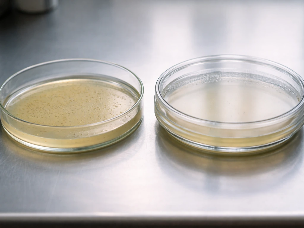 Two lab petri dishes showing different growth patterns under oxygen vs no oxygen conditions.