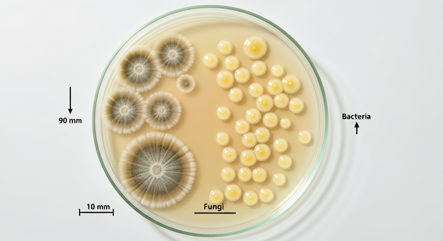 Top-down view of a PDA plate showing fuzzy fungal colonies on one side and smooth bacterial colonies on the other, with a 10 mm scale bar.