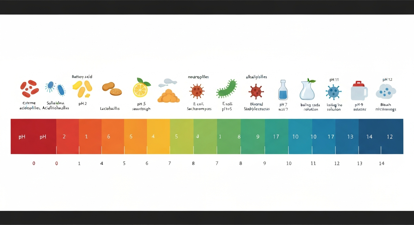 Infographic pH scale showing microbes positioned at their preferred pH zones with examples (lemon, vinegar, water, bleach) and labeled species.