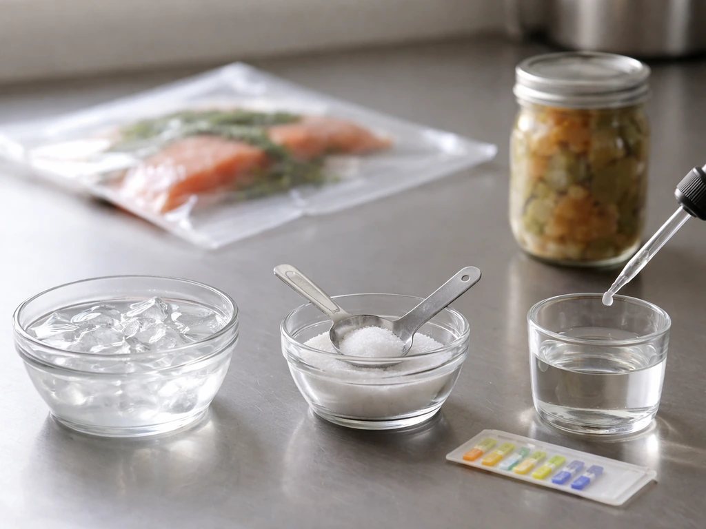 Minimal kitchen tabletop with ice bath, salt, acidic drops, and vacuum-sealed food items for controlling growth.