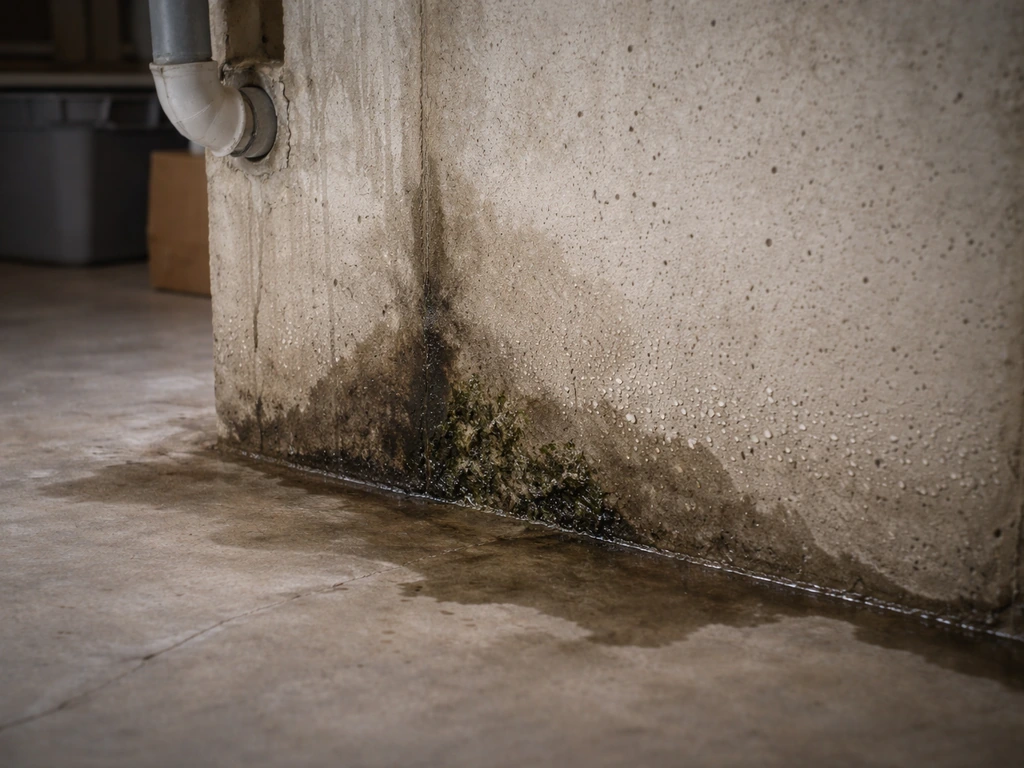 Minimal basement cross-section showing damp concrete, condensation, and a small moldy corner.