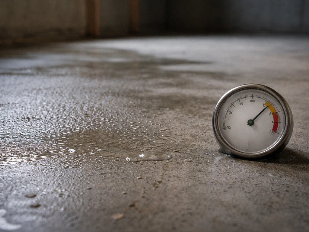 Close-up of basement concrete with condensation beads and a small hygrometer showing high humidity