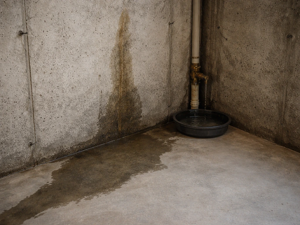 Unfinished basement corner showing water-stain trail, damp foundation wall, and a subtly dripping pipe