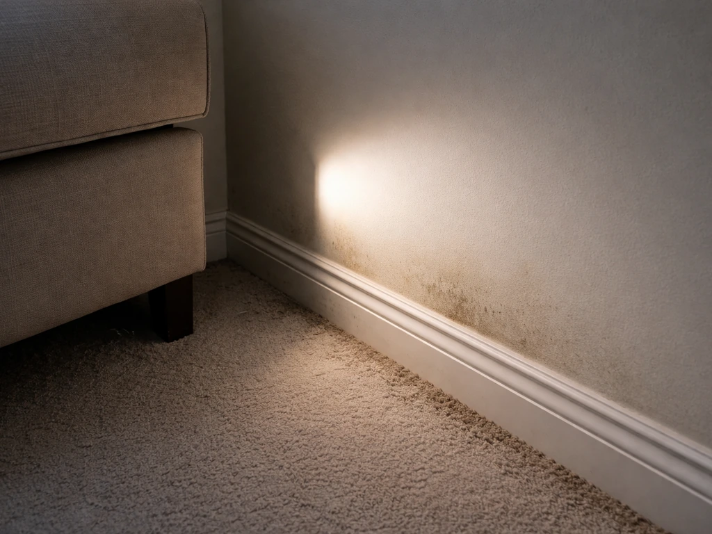 Flashlight inspection along a baseboard in a dim room, showing early damp discoloration and dust buildup.