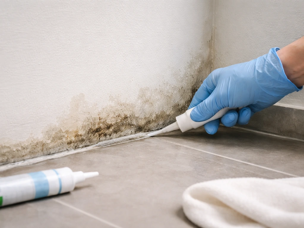 Gloved hand sealing a crack by a damp corner to stop moisture before any cleaning.
