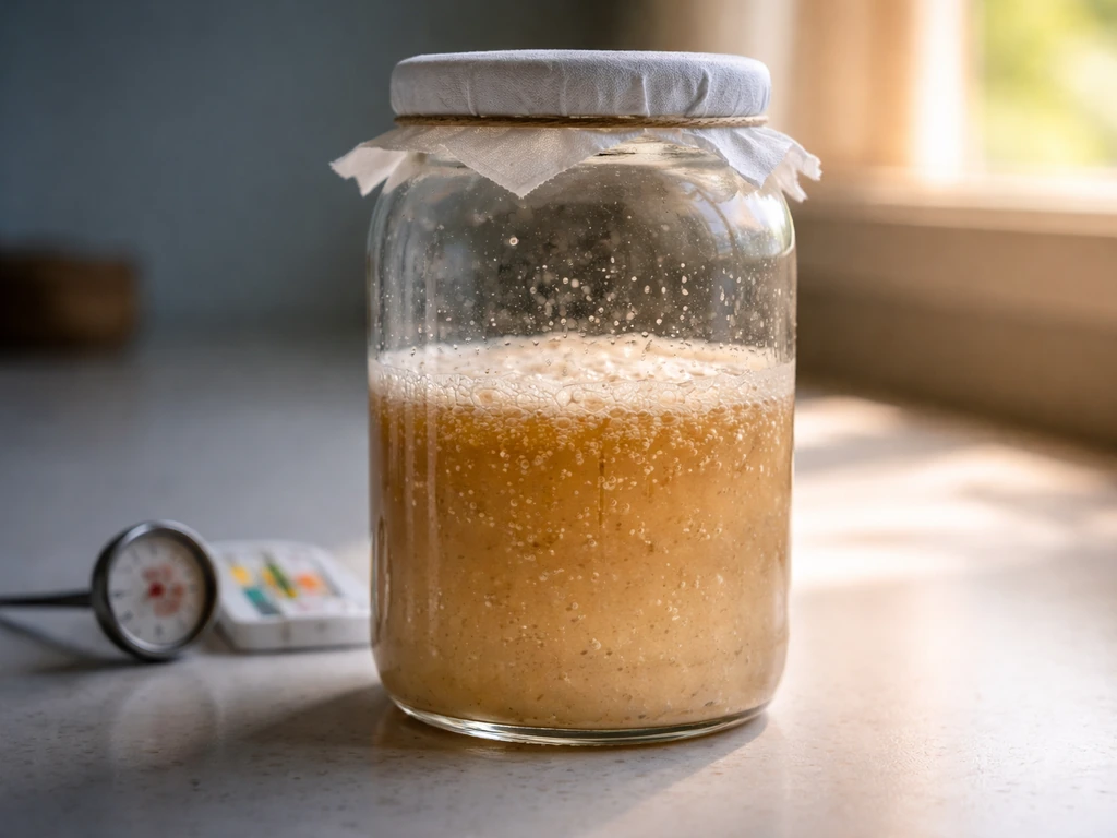 Close-up of a clear fermentation jar with bubbling and a thermometer beside it, suggesting bacteria growth phases.