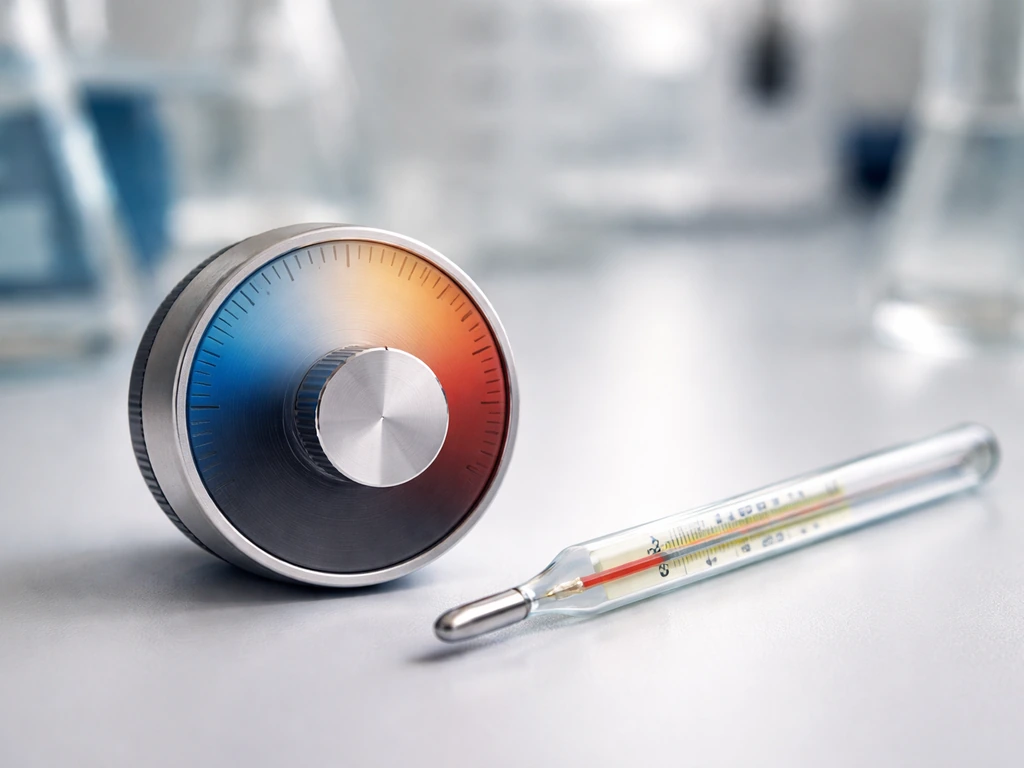 Close-up of a lab thermometer and temperature dial on a bench, minimal and realistic.