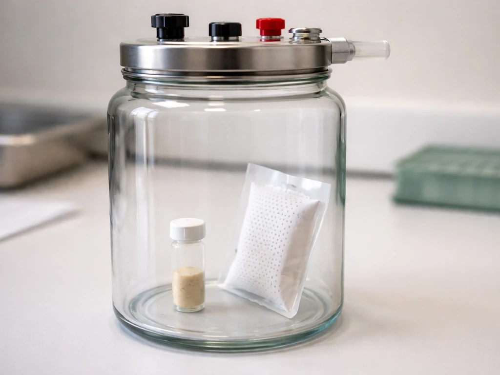 Close-up of an anaerobic jar with a gas pack and a small oxygen indicator strip in a lab setting.