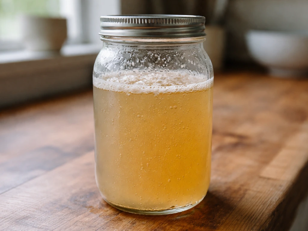 Close-up of a glass fermentation jar with bubbling and cloudy liquid, showing active probiotic growth signs.