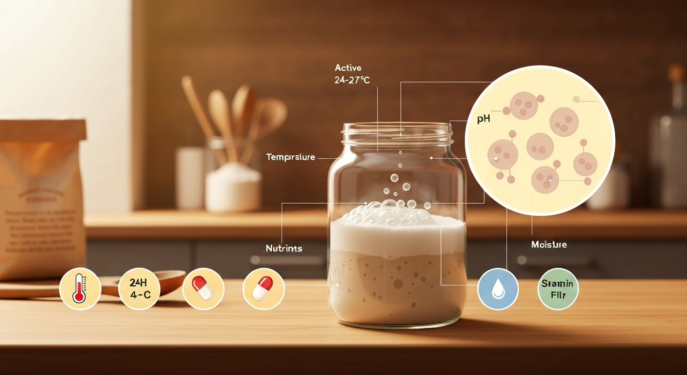 Infographic showing a bubbling jar of flour-and-water starter with an inset of budding yeast cells and icons for temperature, pH, nutrients, and moisture.