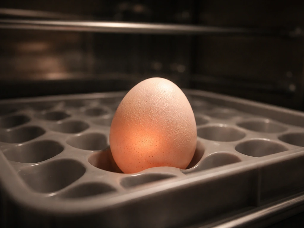 Embryonated chicken egg inside an incubator, softly lit, showing a living-cell concept without people