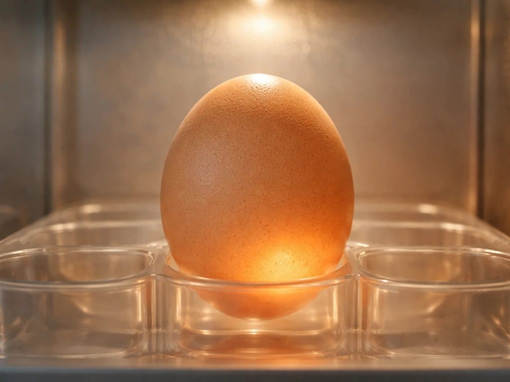 Single fertilized chicken egg in an incubator, warm light showing an embryonated egg setting.