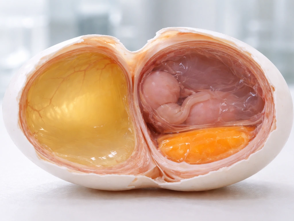 Macro photo showing an embryonated egg cross-section with distinct internal compartments and membranes.