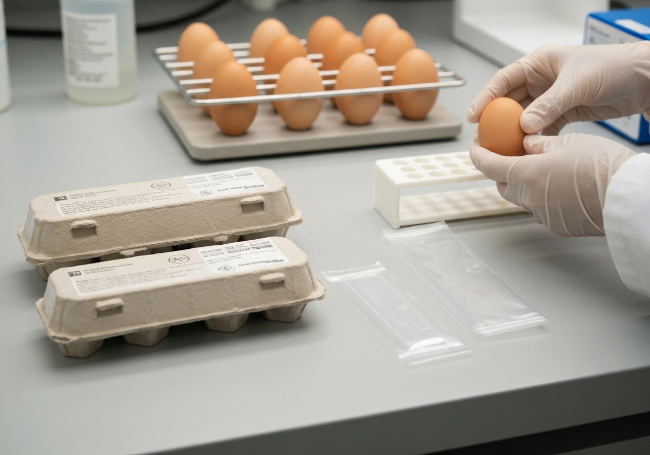 Gloved hands placing embryonated eggs into an incubation rack on a clean lab bench with egg cartons nearby.