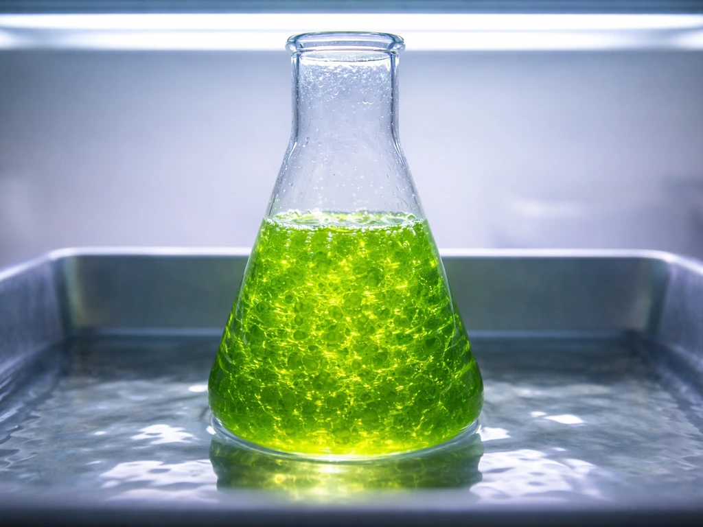 Close-up of vibrant green microalgae in a lab flask under soft controlled light