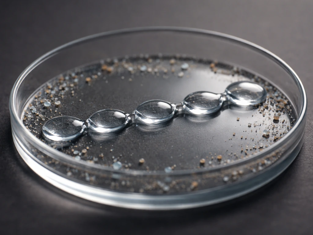 Minimal macro shot of colorful droplets and nutrient-like granules arranged as linked growth building blocks
