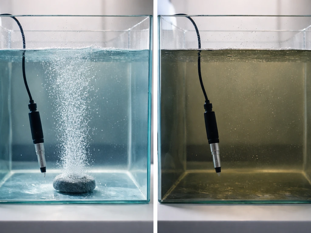 Split scene showing an aerated water tank with bubbles versus a dark, oxygen-depleted chamber with a submerged probe