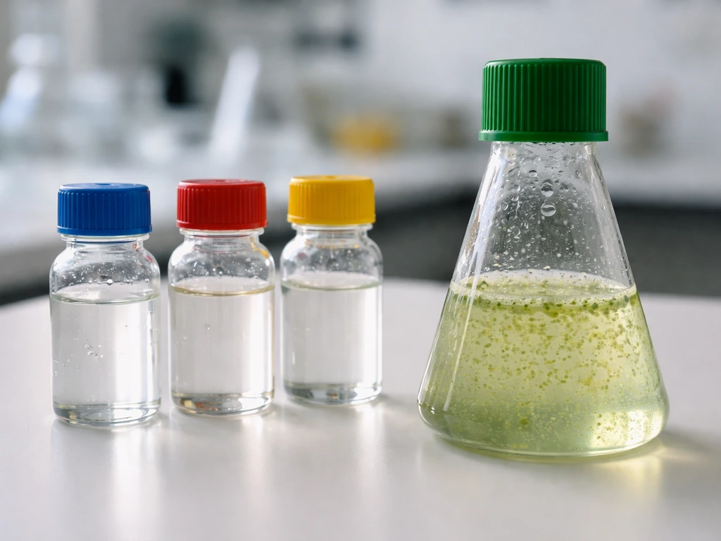 Lab bench with nitrate/phosphate/trace-metal solutions beside a protist culture flask in soft natural light.